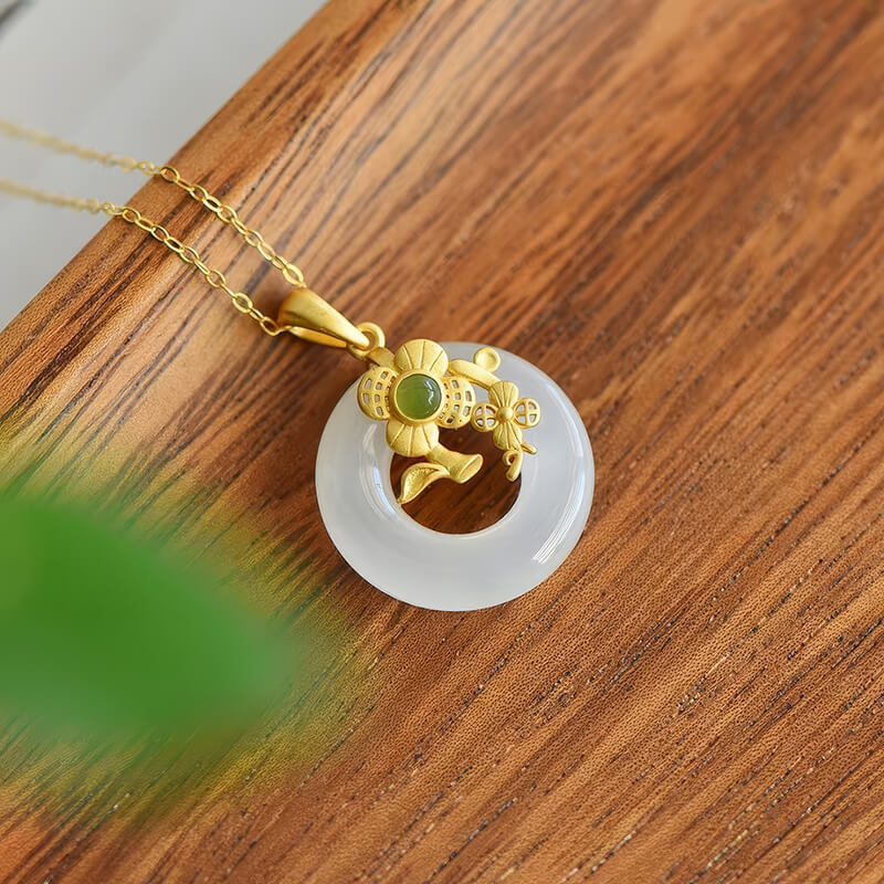 "Floral Bliss & Full Moon" Hetian Jade Peace Knot Pendant “花好月圆”和田玉平安扣吊坠