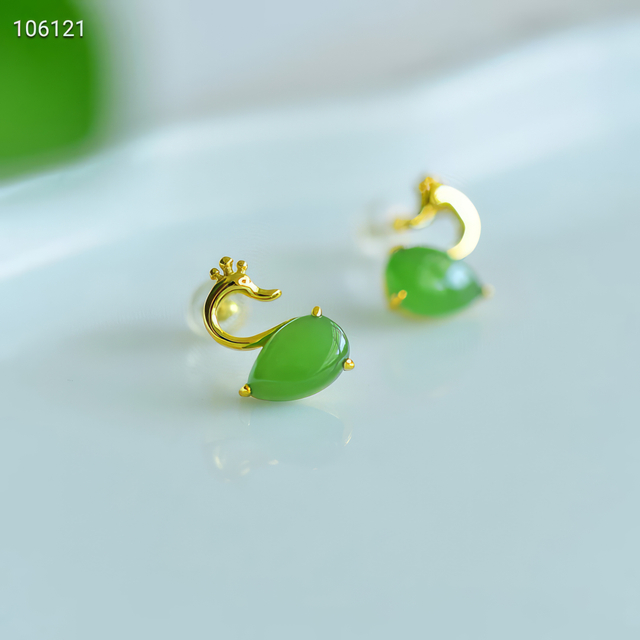 Azure Swan - Hetian Jade Stud Earrings--碧水天鹅 - 和田玉耳钉