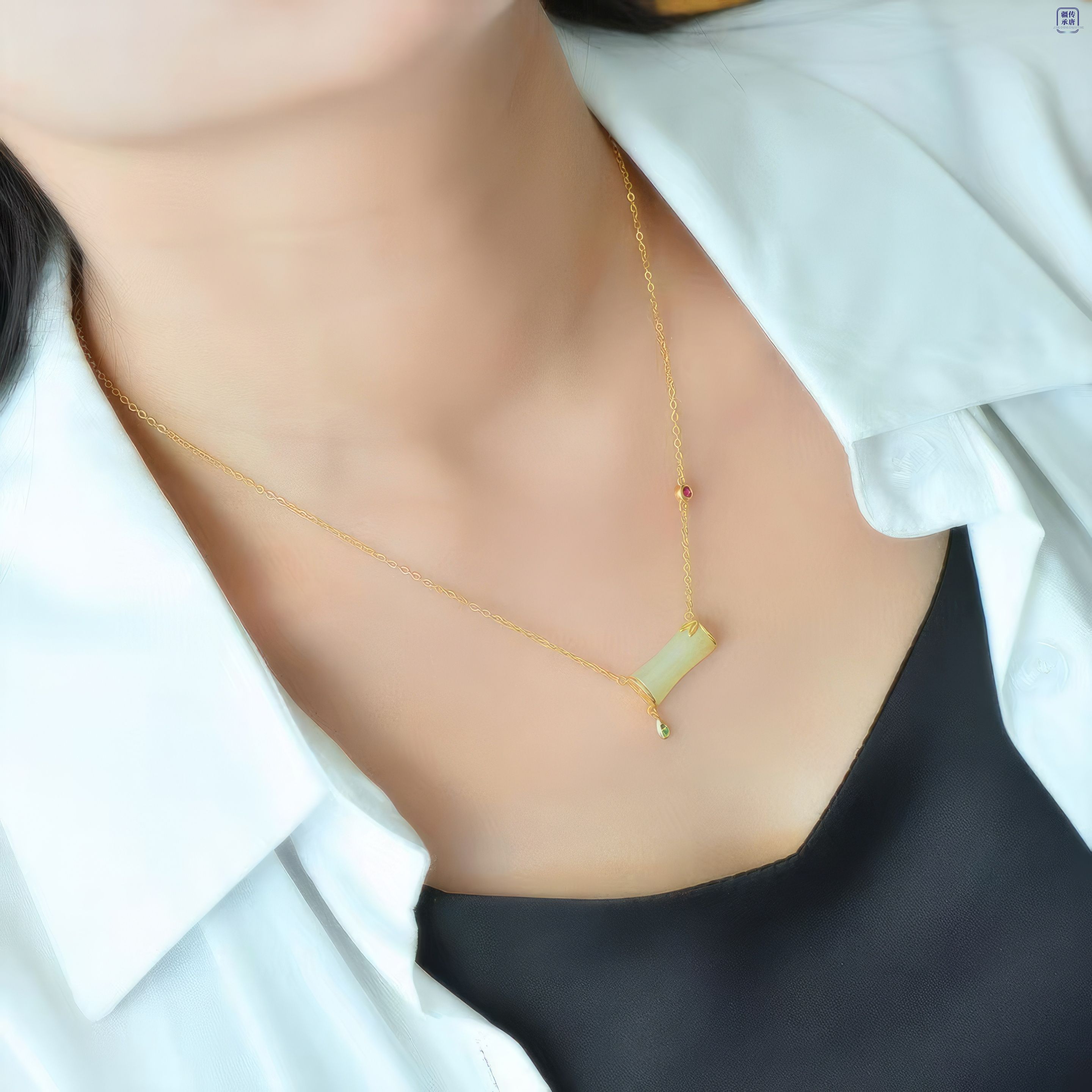 Bamboo Blessing· White Hetian Jade Gold-Set Diamond Necklace 竹报平安·和田玉金镶钻项链