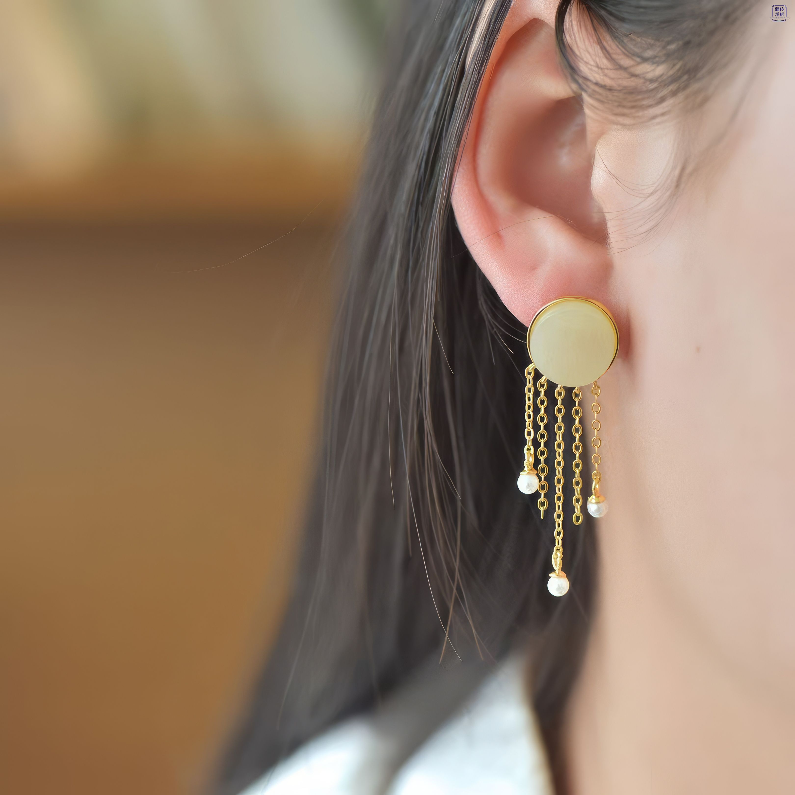 "Moonlight Tassel" White Hetian Jade Earrings “月光流苏”和田玉耳坠