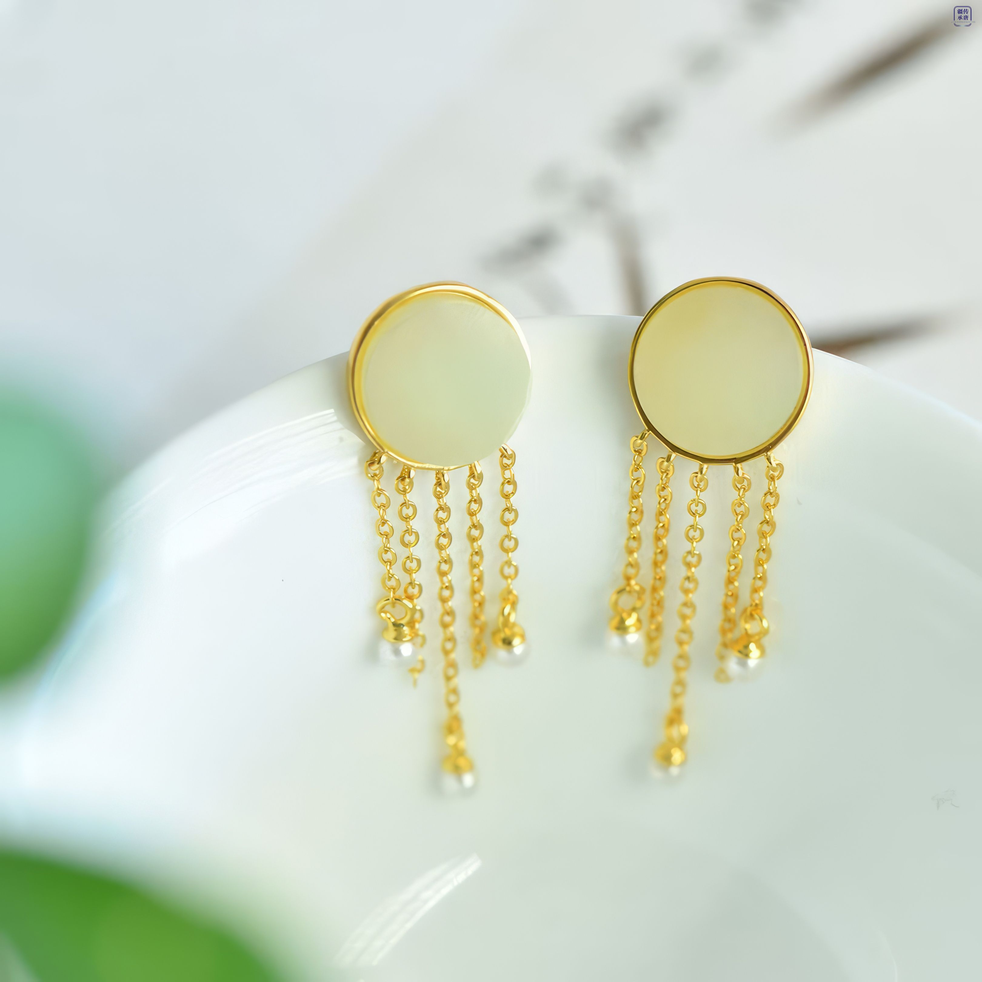 "Moonlight Tassel" White Hetian Jade Earrings “月光流苏”和田玉耳坠
