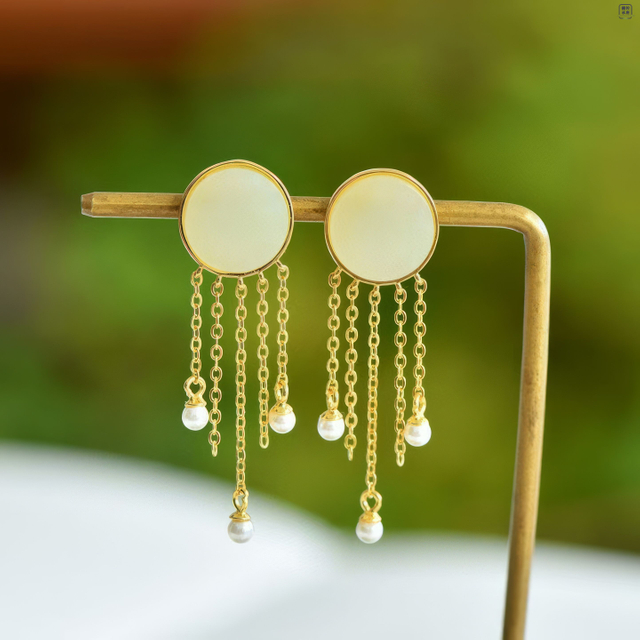 "Moonlight Tassel" White Hetian Jade Earrings “月光流苏”和田玉耳坠